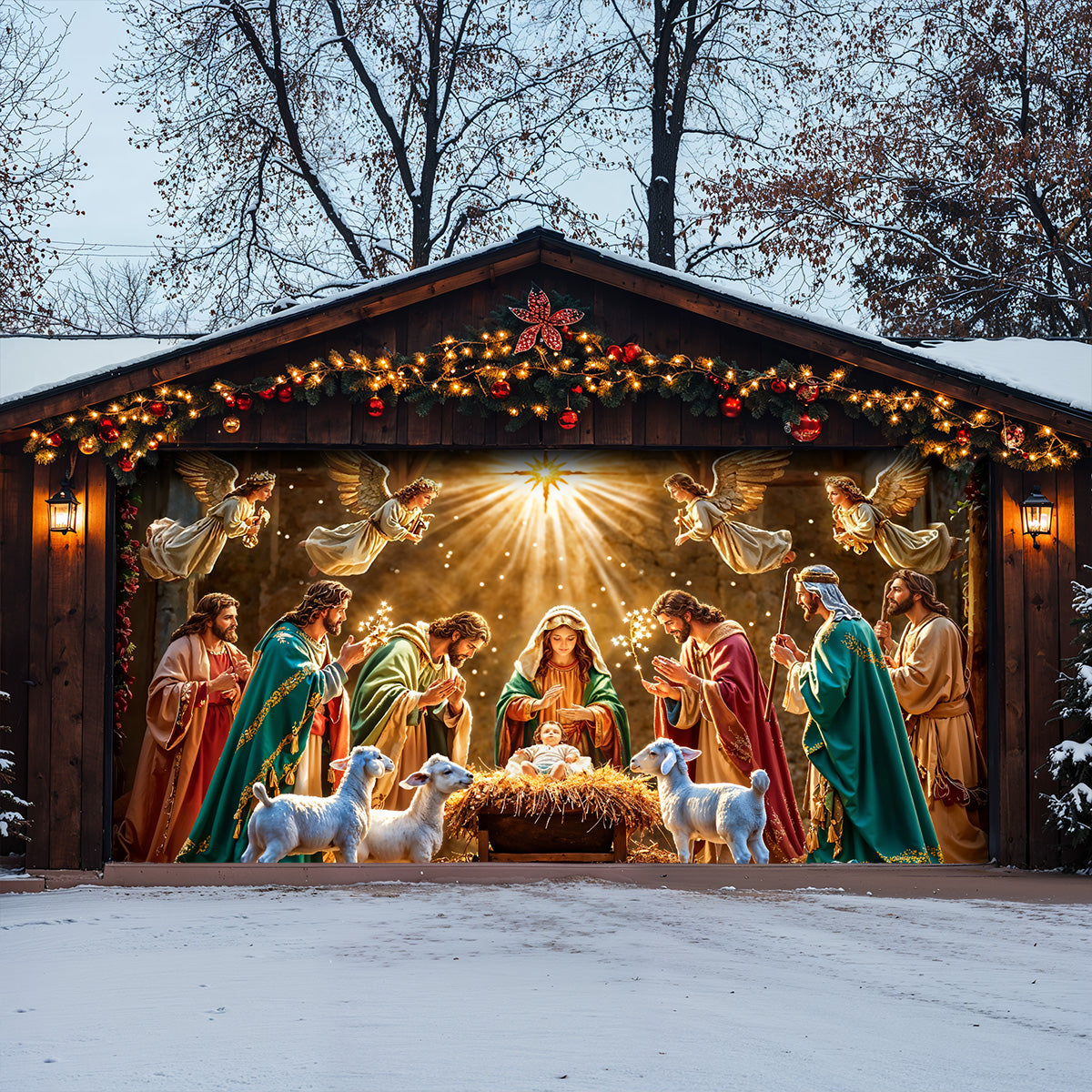 God Garage Door Banner Decoration - Divine Light at the Manger The Nativity Scene