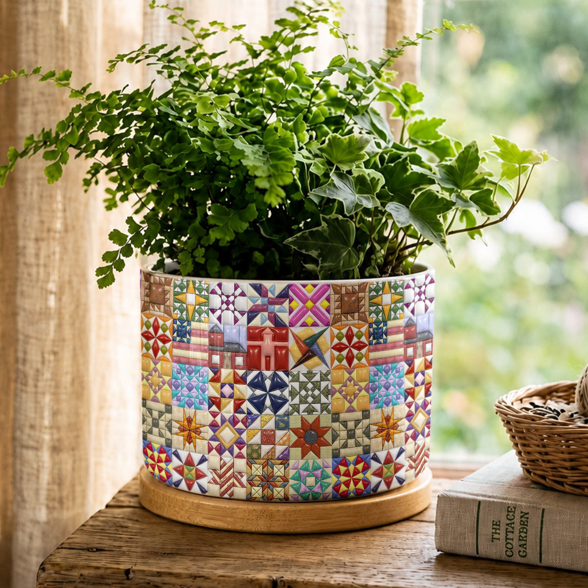 Sewing Lover Ceramic Plant Pot with Bamboo Tray Quilt Blocks