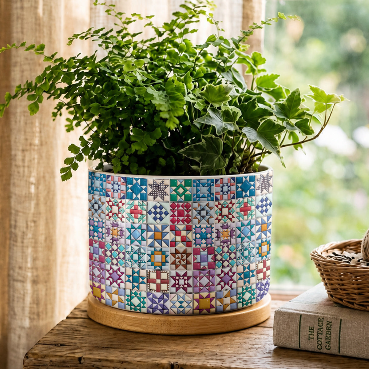 Sewing Lover Ceramic Plant Pot with Bamboo Tray Traditional Quilt Blocks
