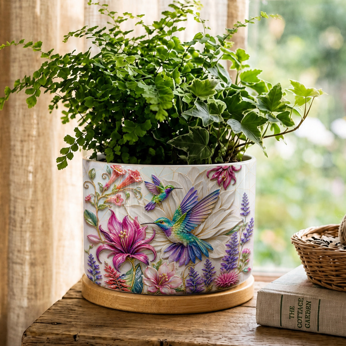 Hummingbird Ceramic Plant Pot with Bamboo Tray Hummingbird Garden Bloom Harmony