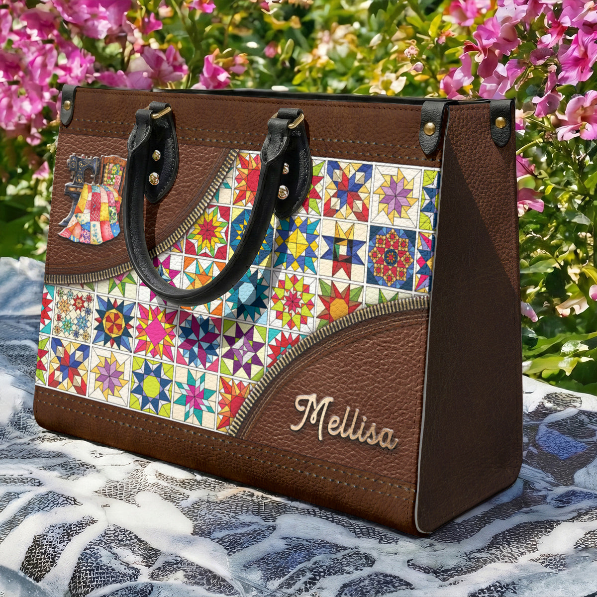 Sewing Lover Leather Handbag Personalized Colorful Quilt Blocks