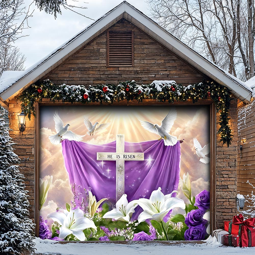 Christian Easter Garage Door Banner Decoration - 'He Is Risen' Resurrection in Bloom