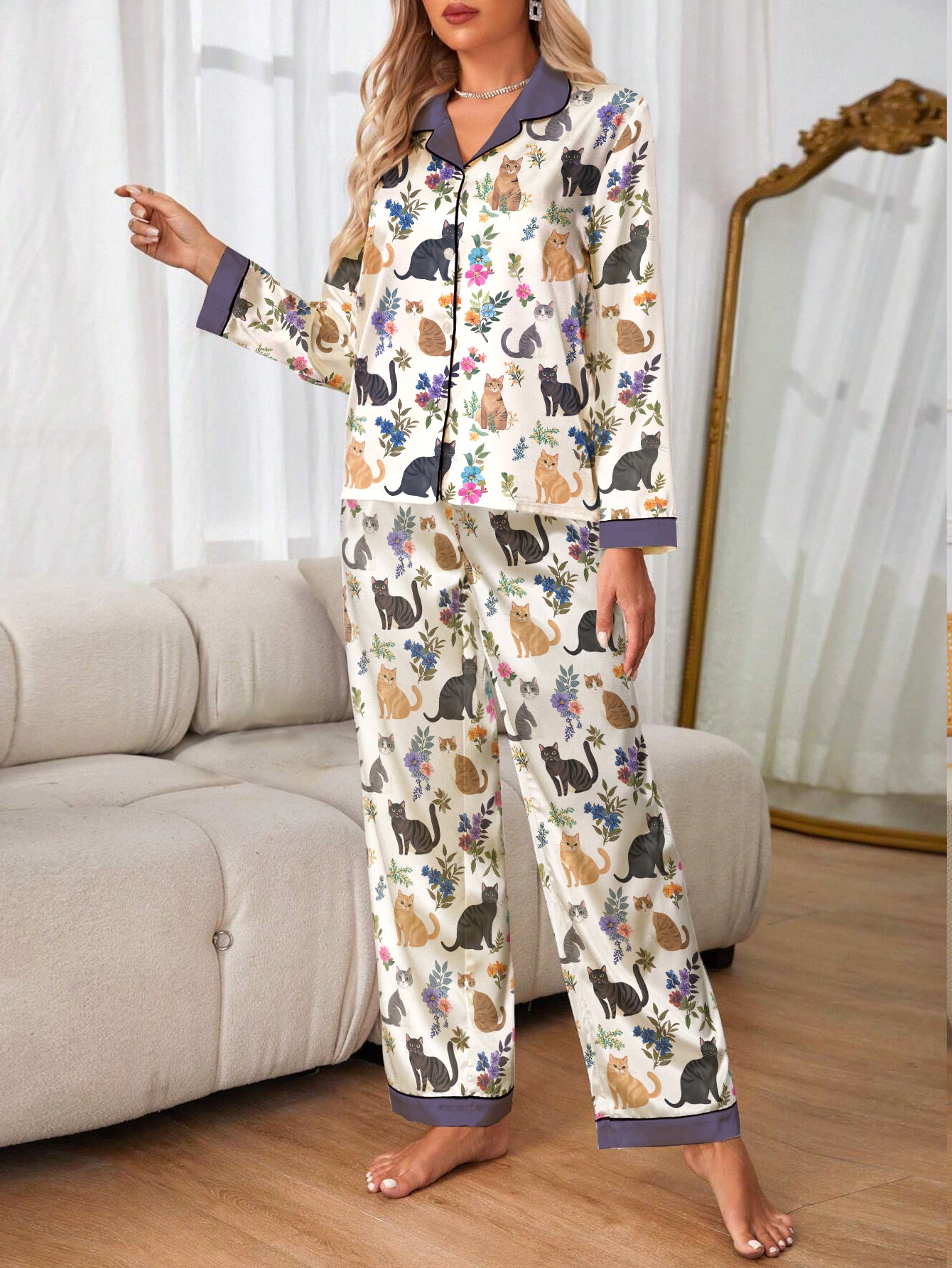 Cat Classic Pajama Set Garden Whiskers Purple