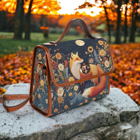 Fox Satchel Handbag Faux-Embroidered Fox Floral