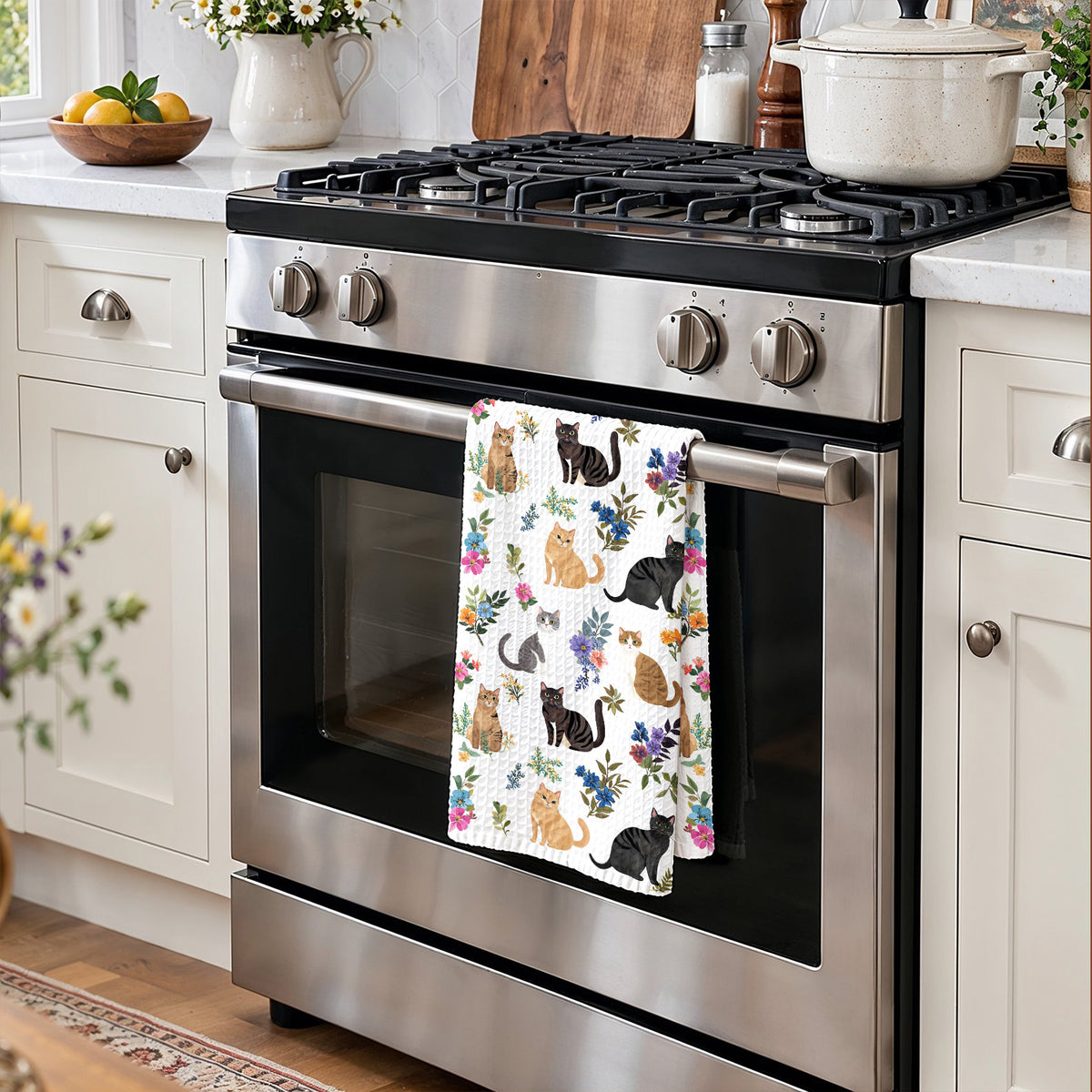 Cat Kitchen Towel Cute Floral Cats