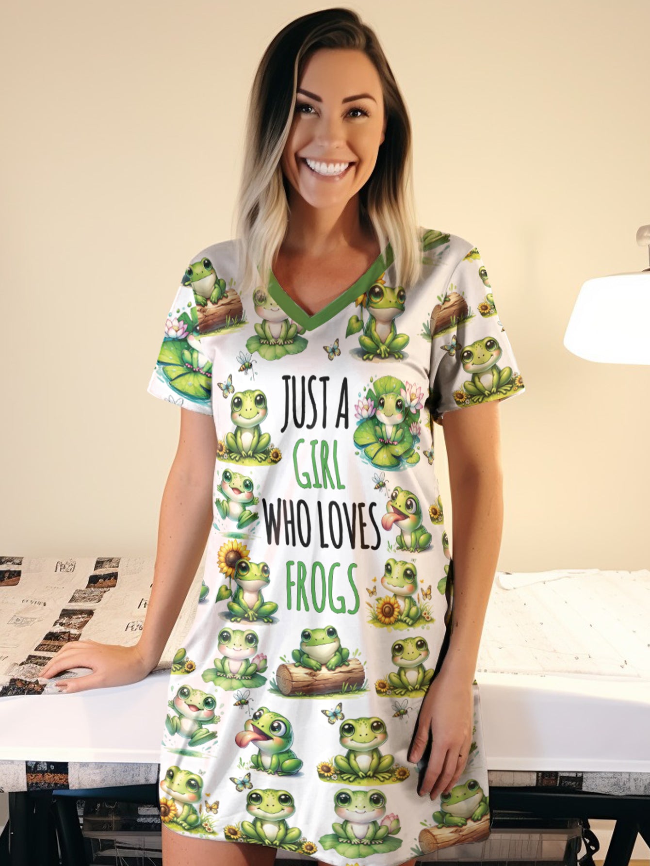 Frog Lover V-neck Nightshirt Just A Girl Who Loves Frogs