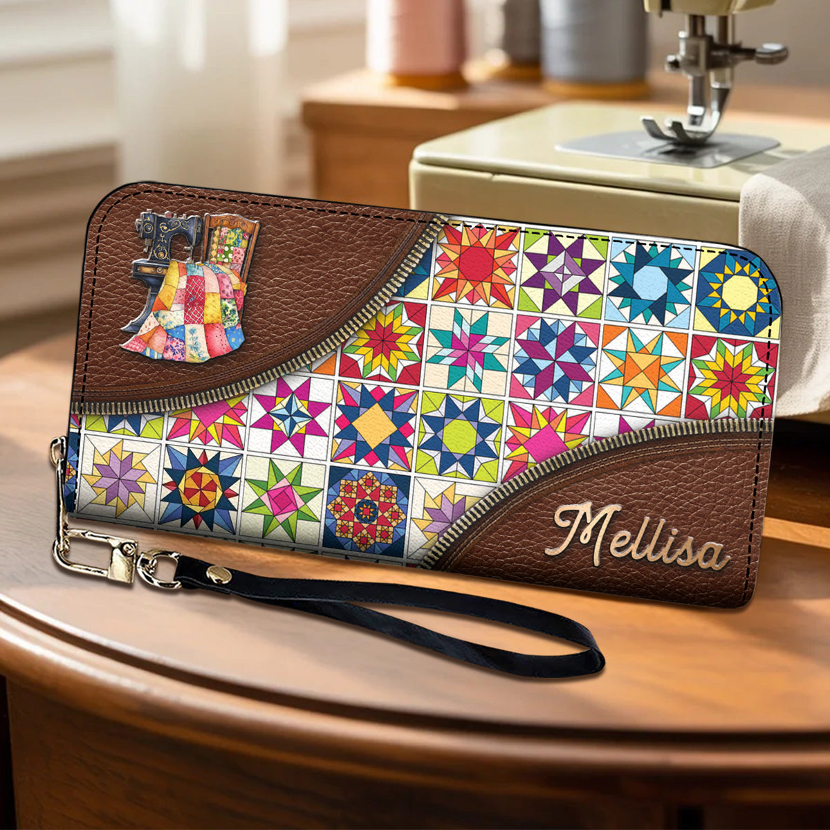 Sewing Lover Leather Wallet Personalized Colorful Quilt Blocks