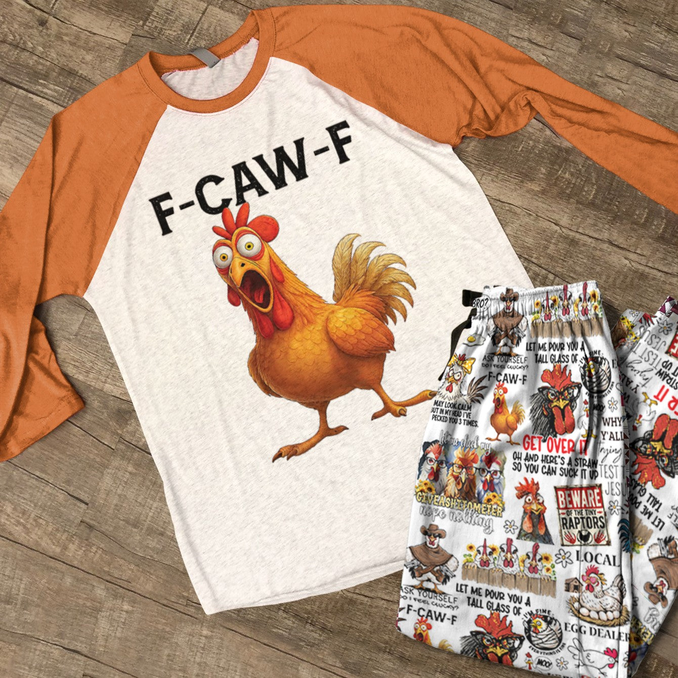 Chicken Raglan Lounge Pajamas F-CAW-F Funny Chickens
