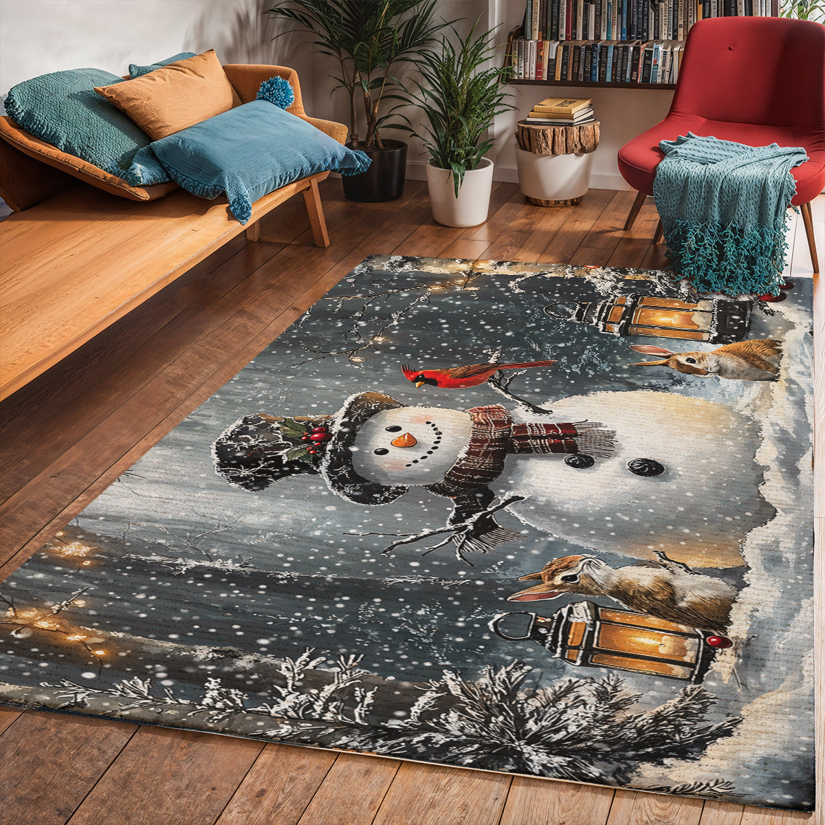 Christmas Area Rug Winter Forest Snowman Gathering with Bunnies and Cardinals