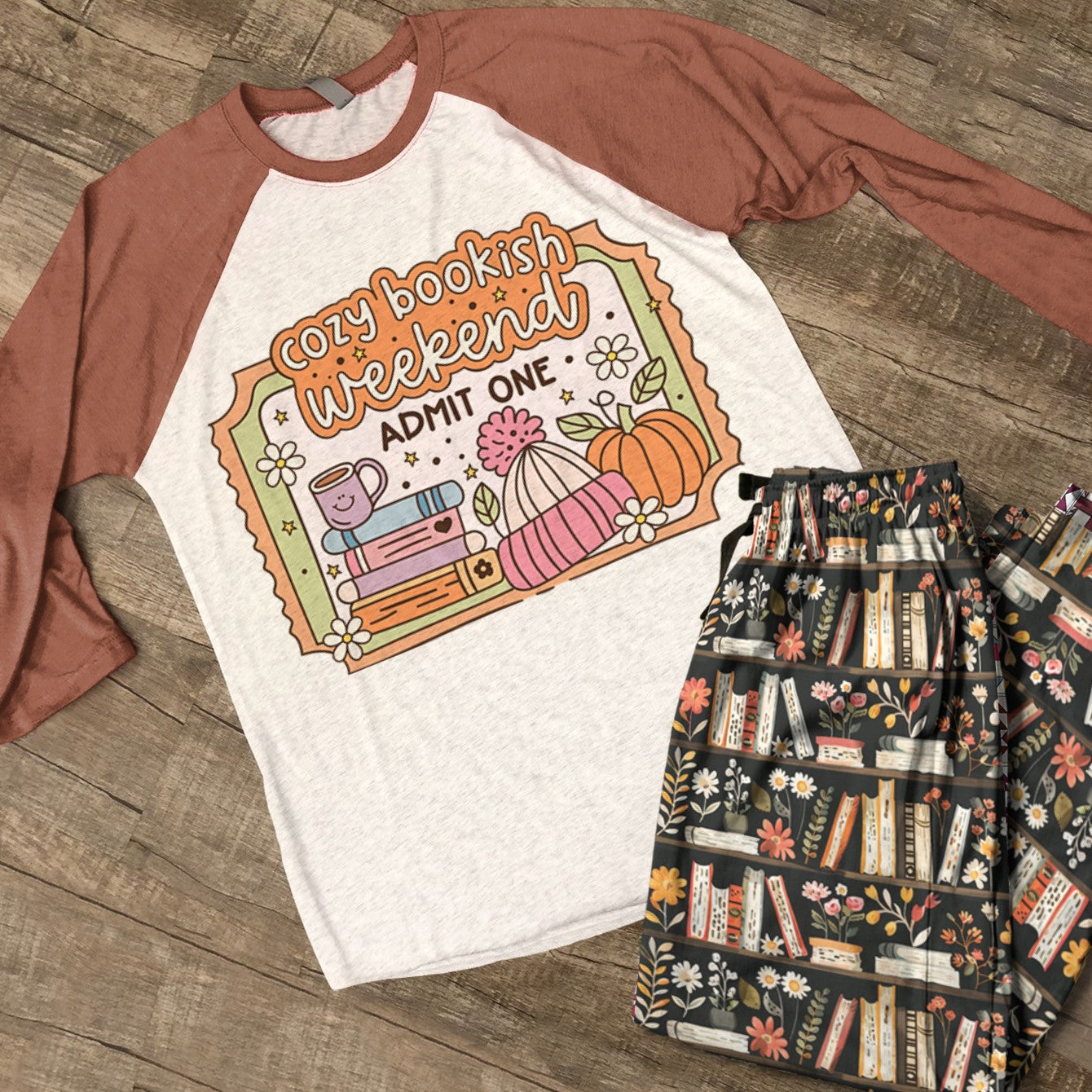 Book Lover Raglan Lounge Pajamas Cozy Bookish Weekend Floral Bookshelf