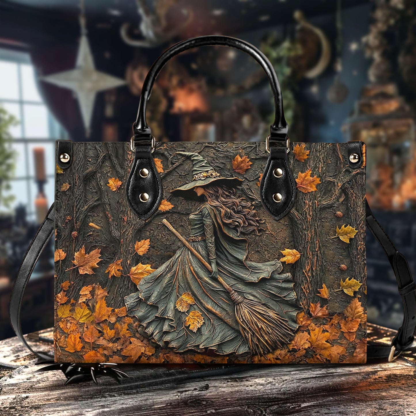 Witch Leather Handbag 2D Print Enchanted Fall Forest