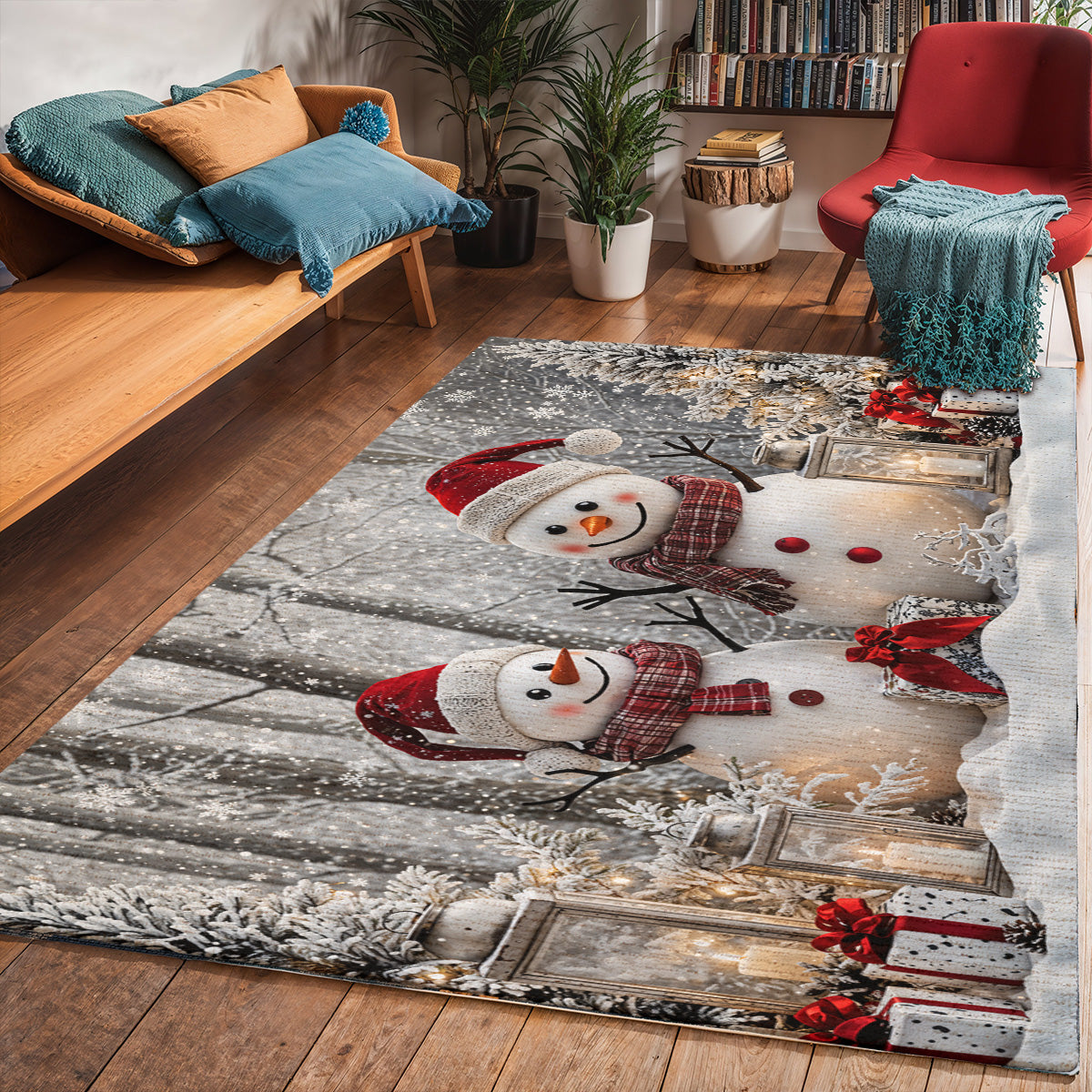 Christmas Area Rug Winter Forest Happy Snowman Couple