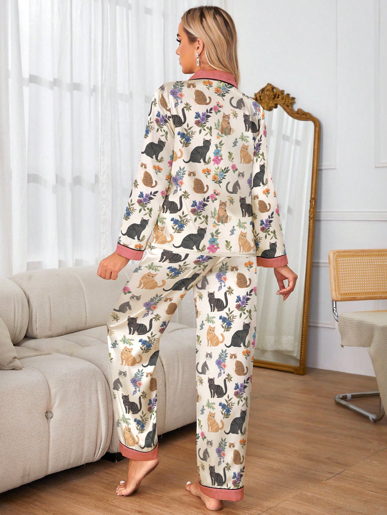Cat Classic Pajama Set Garden Whiskers Pink