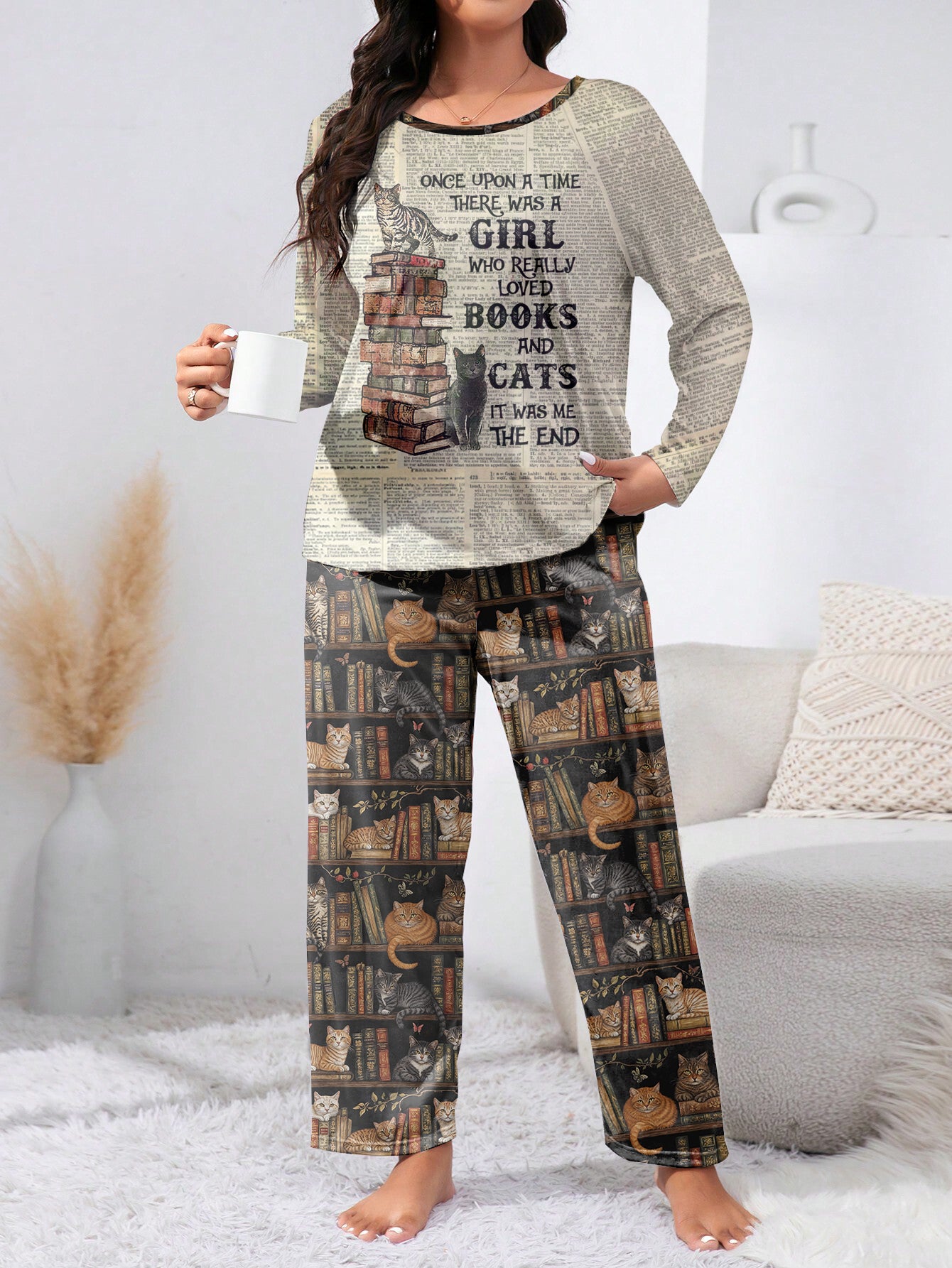 Book & Cat Raglan Lounge Pajamas A Girl Who Really Loves Books & Cats