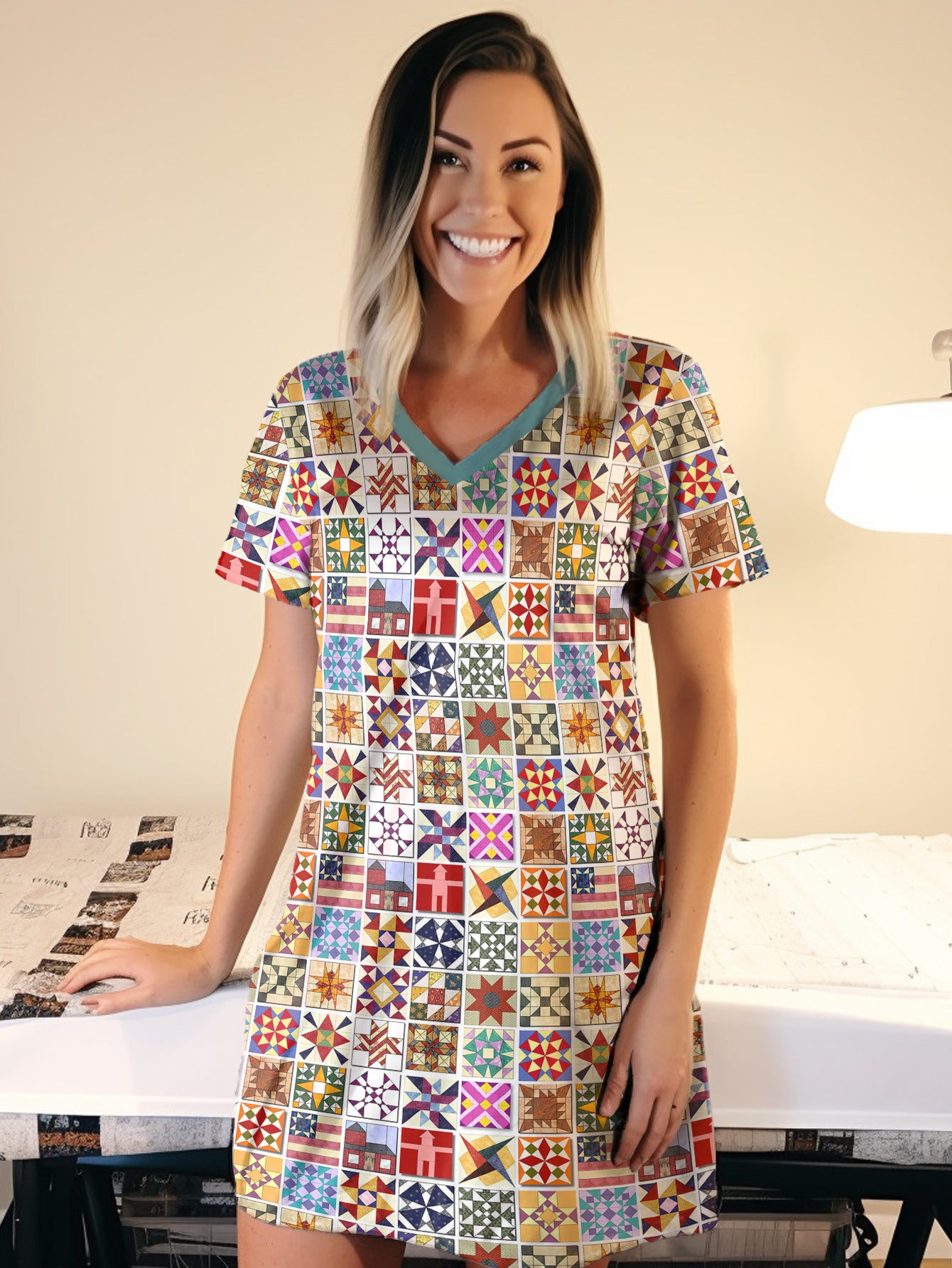 Sewing Lover V-neck Nightshirt Quilt Blocks
