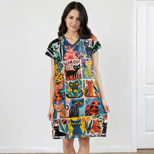 Cat Lover V-neck Nightshirt Folk Feline Fantasy