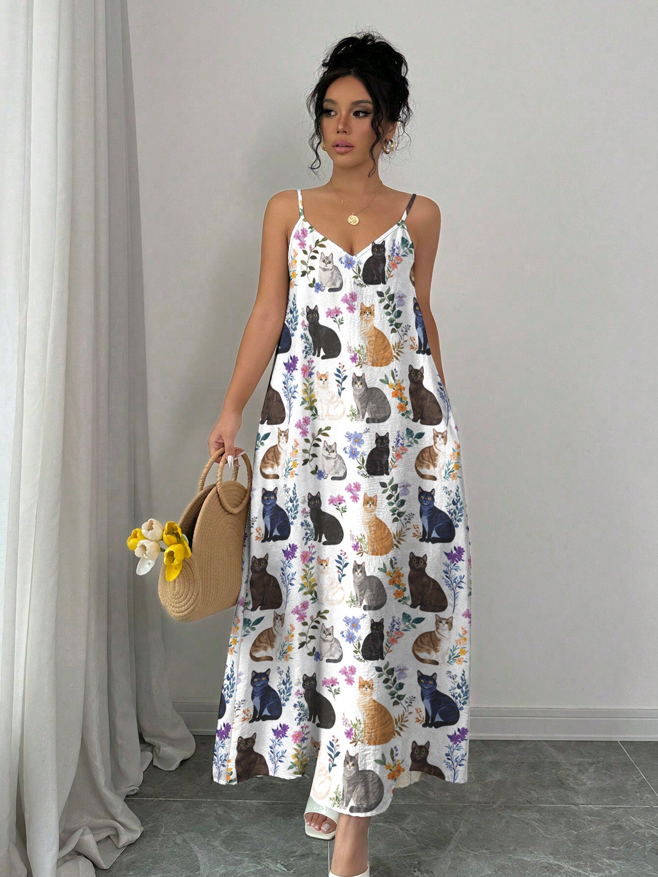 Cat Maxi Dress Charming Floral Cats
