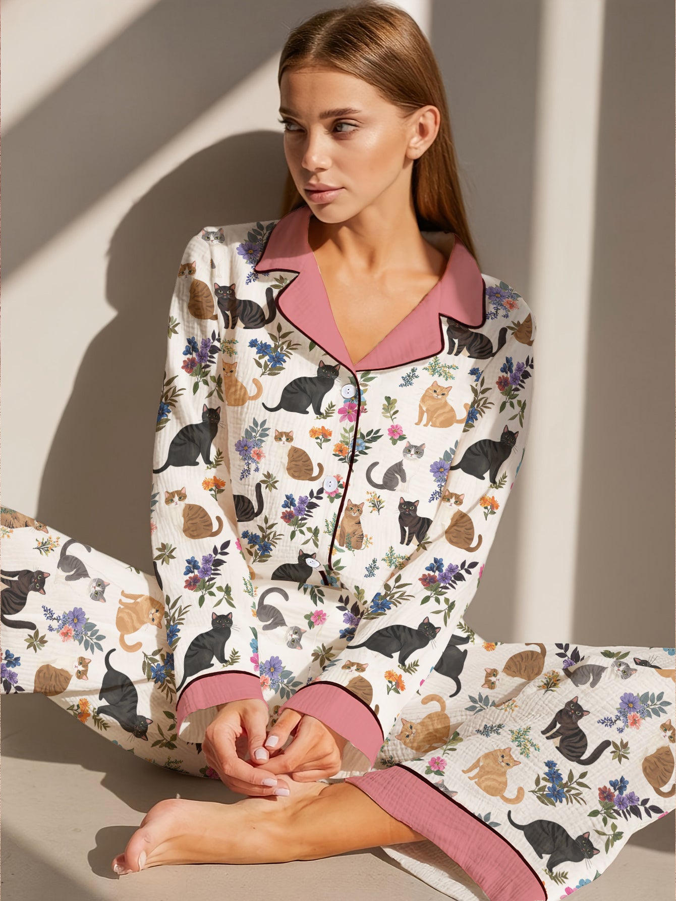 Cat Classic Pajama Set Garden Whiskers Pink