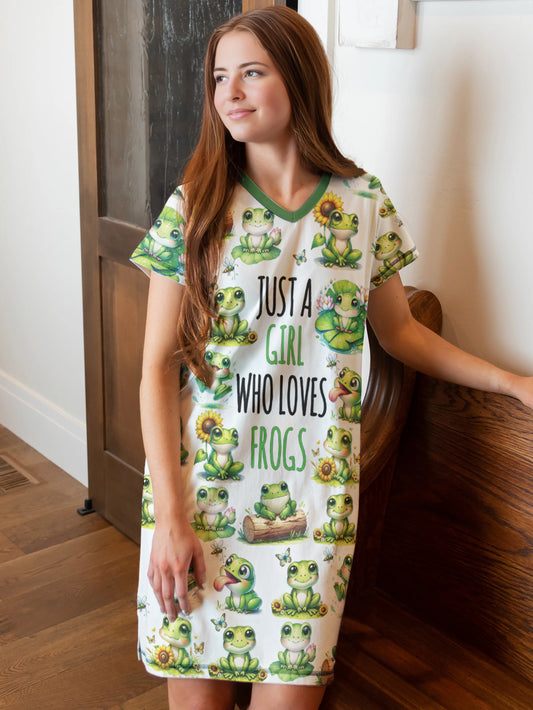 Frog Lover V-neck Nightshirt Just A Girl Who Loves Frogs