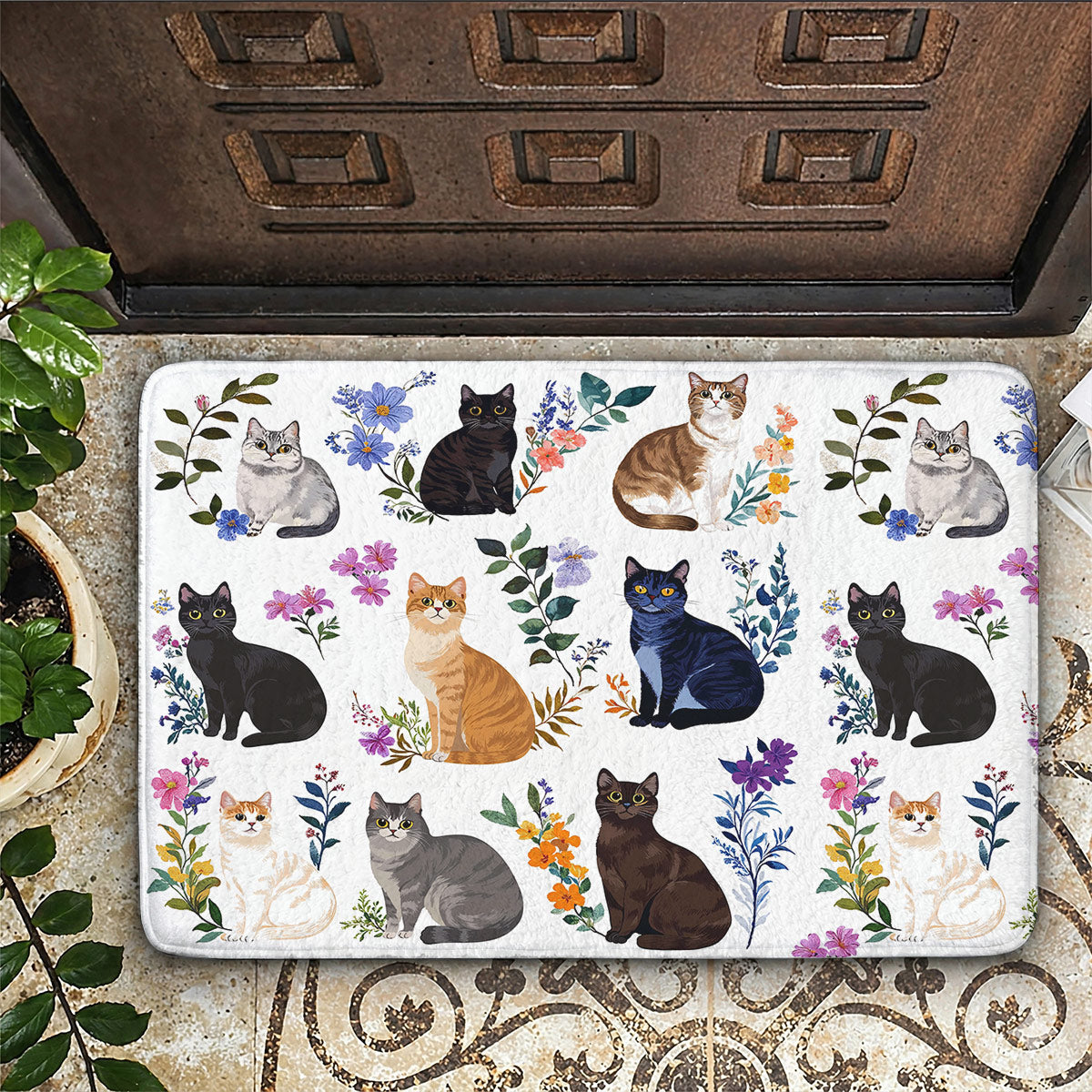 Cat Doormat Floor Mat Runner Rug Charming Floral Cats
