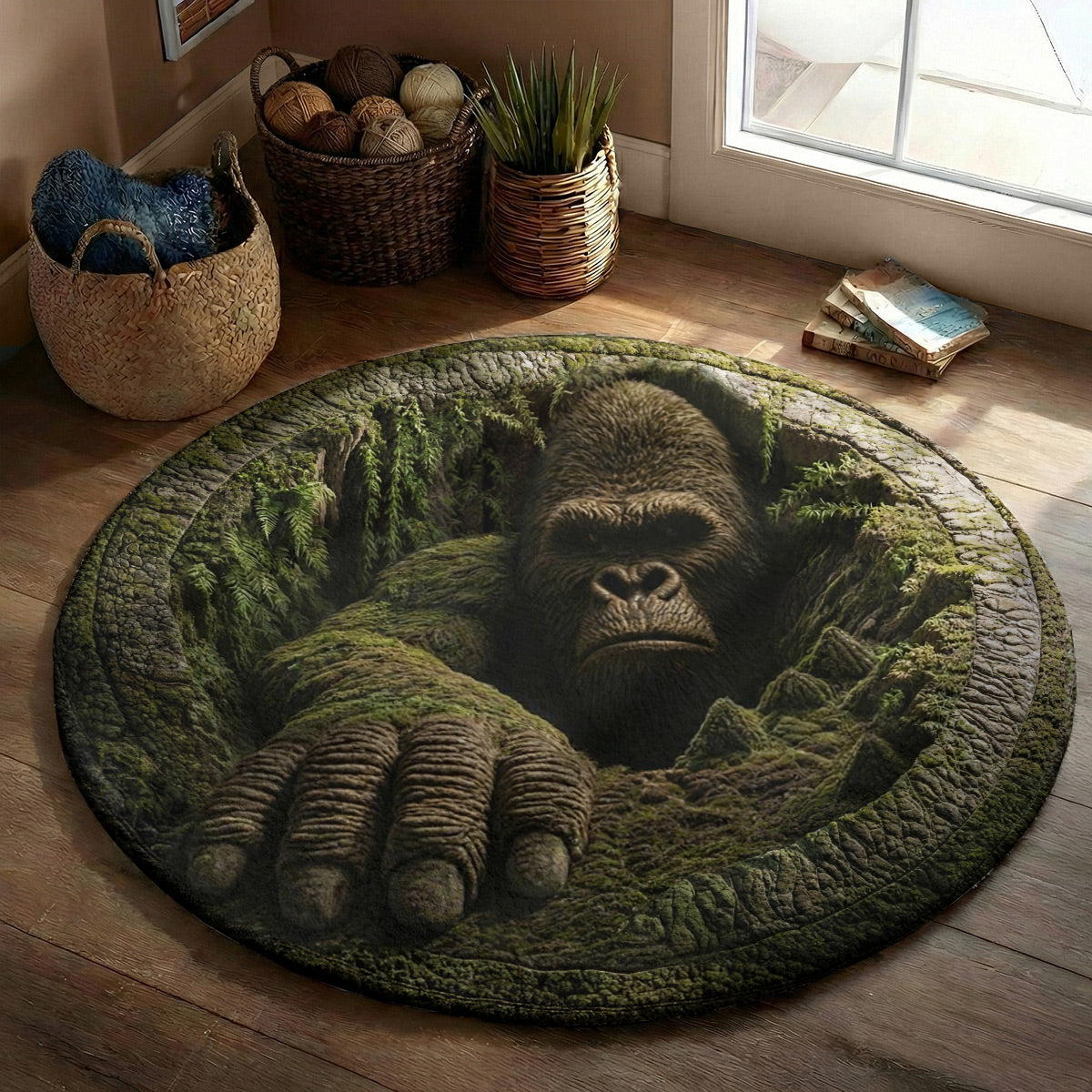 Bigfoot Round Rug Rising from the Forest 3D Illusion Flat Print Rustic Myth Art