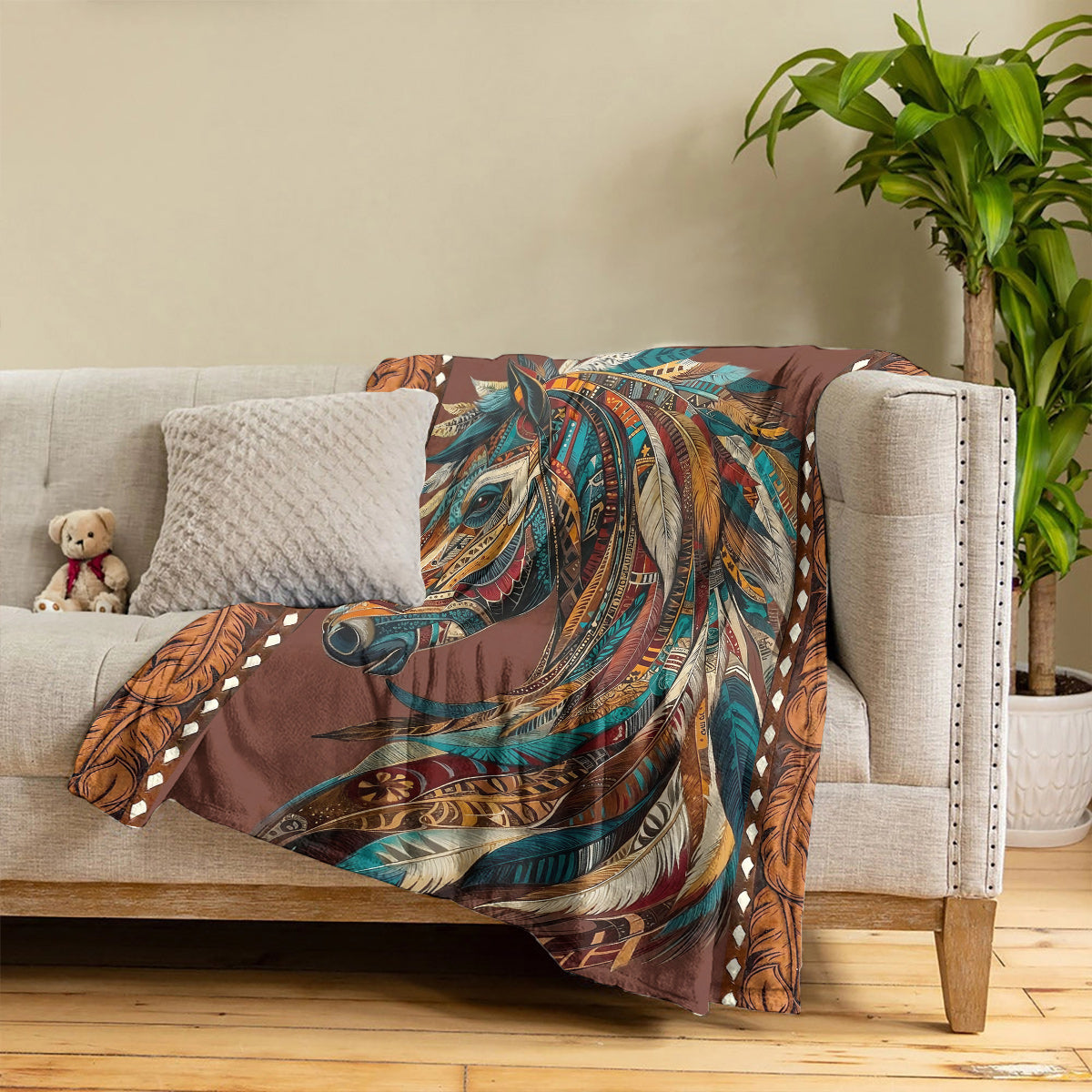 Boho Western Horse Fleece Blanket Tribal Horse Majesty