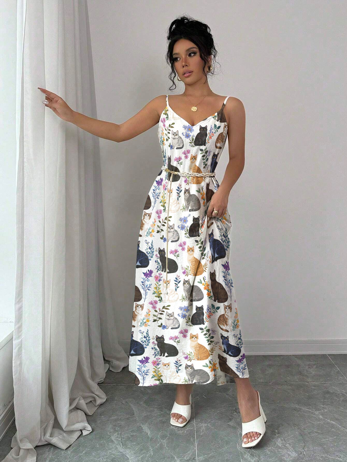 Cat Maxi Dress Charming Floral Cats