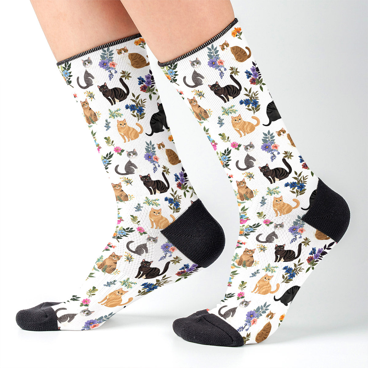Cat Crew Socks Cute Floral Cats