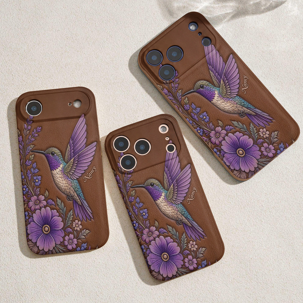 Hummingbird Leather Phone Case Floral Hummingbird - Brown