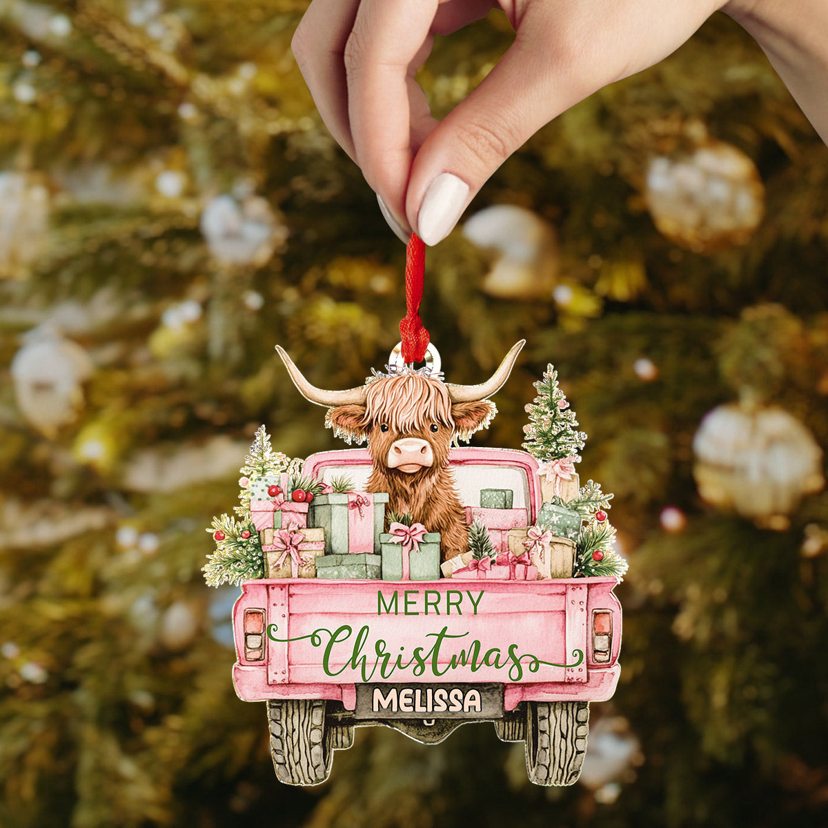 Highland Cow Acrylic Ornament Highland Christmas Truck Personalized