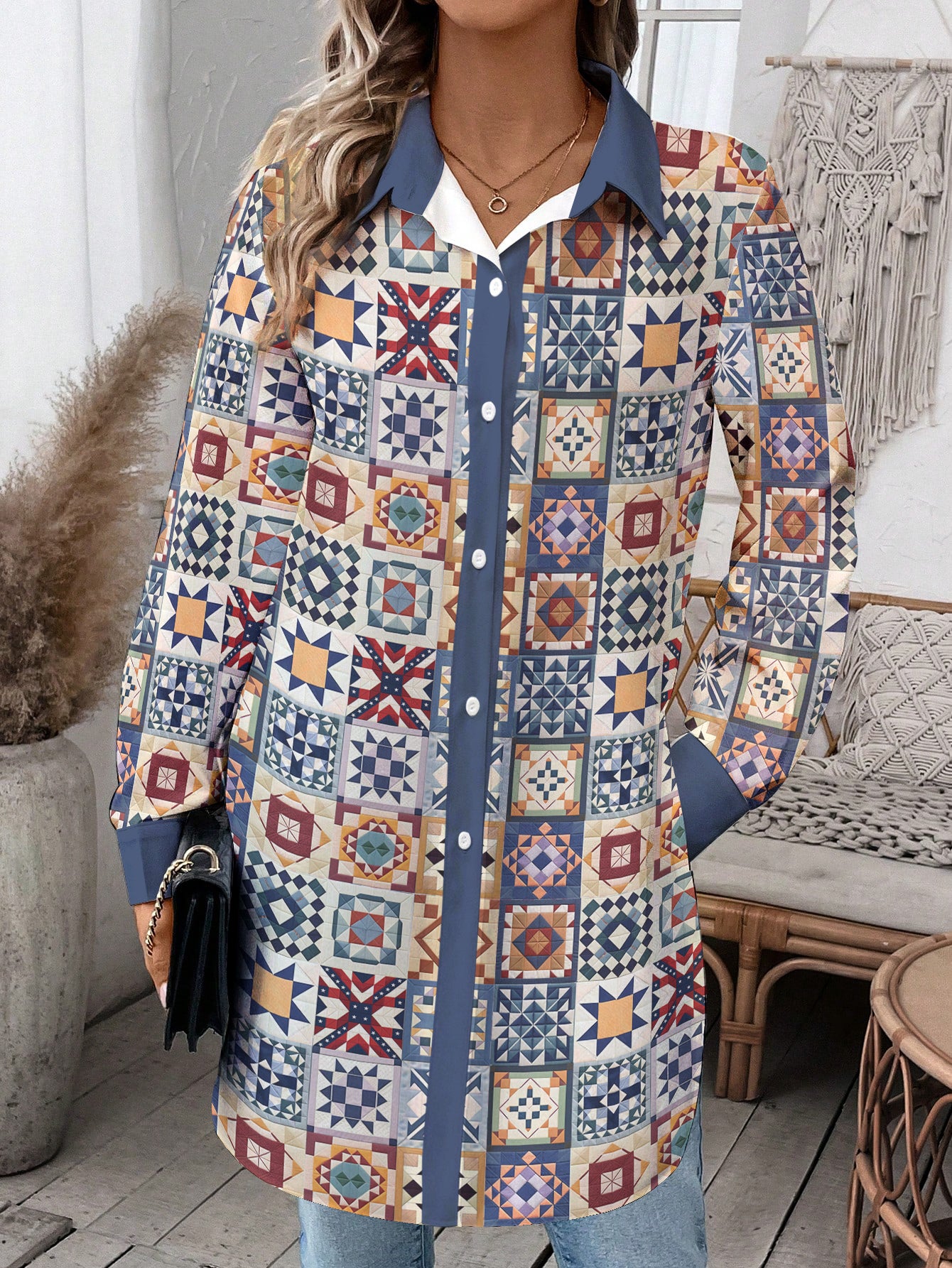 Sewing Lover Oversized Long Shirt Vintage Quilt Blocks