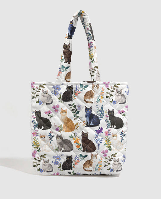 Cat Lover Quilted Tote Bag Charming Floral Cats