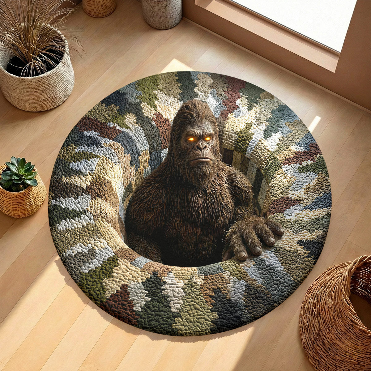Bigfoot Round Rug 3D Illusion Flat Print Hidden Sasquatch Den