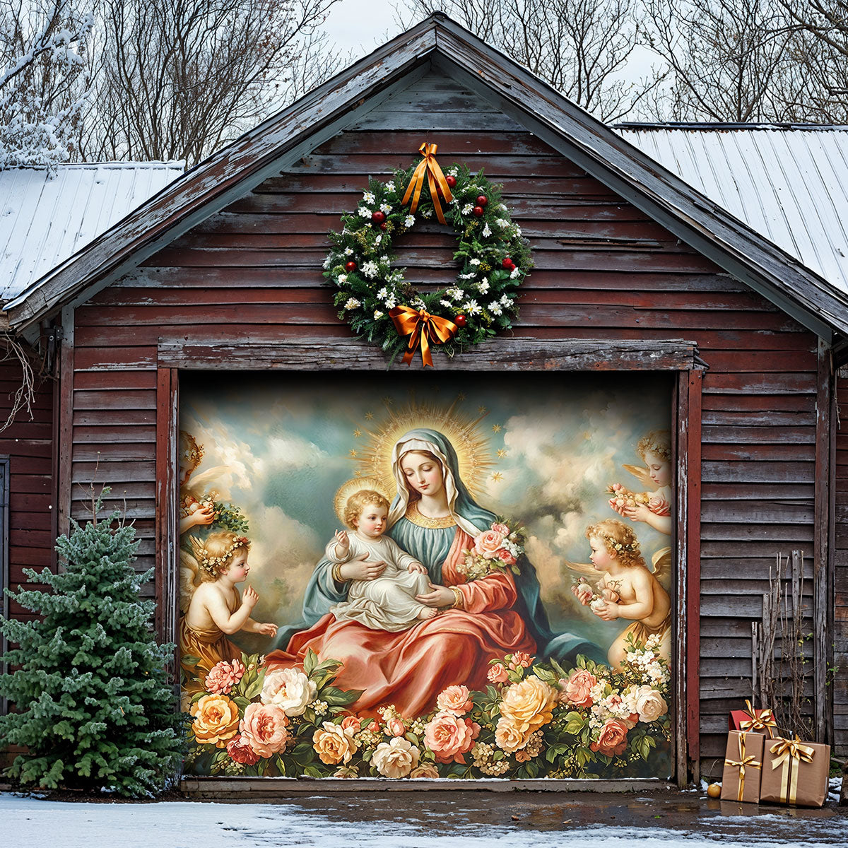 Virgin Mary Garage Door Banner Decoration - Divine Motherhood in a Garden of Angels
