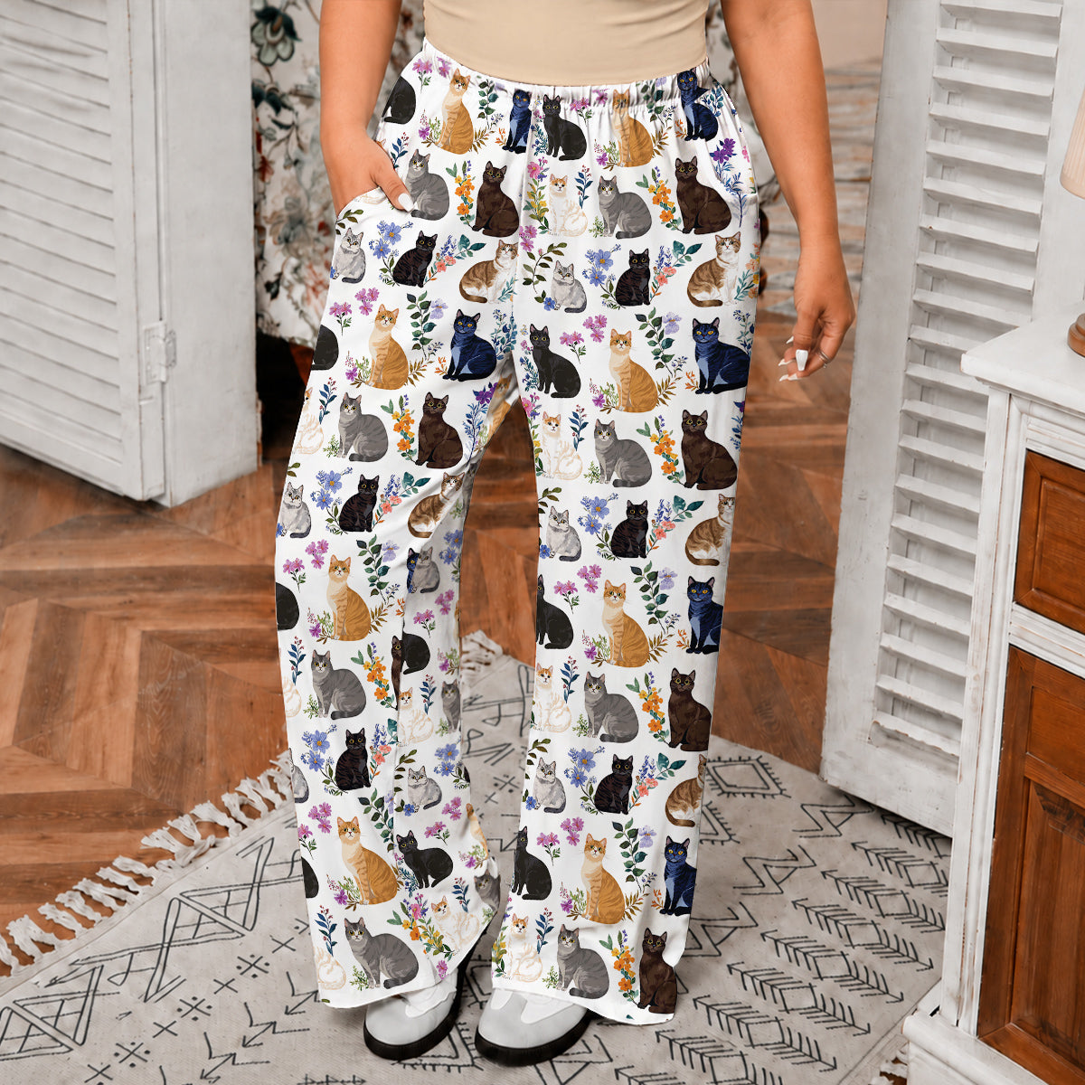 Cat Lounge Pants Charming Floral Cats