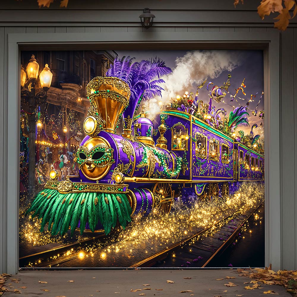Mardi Gras Garage Door Banner Decoration - Masked Carnival Express