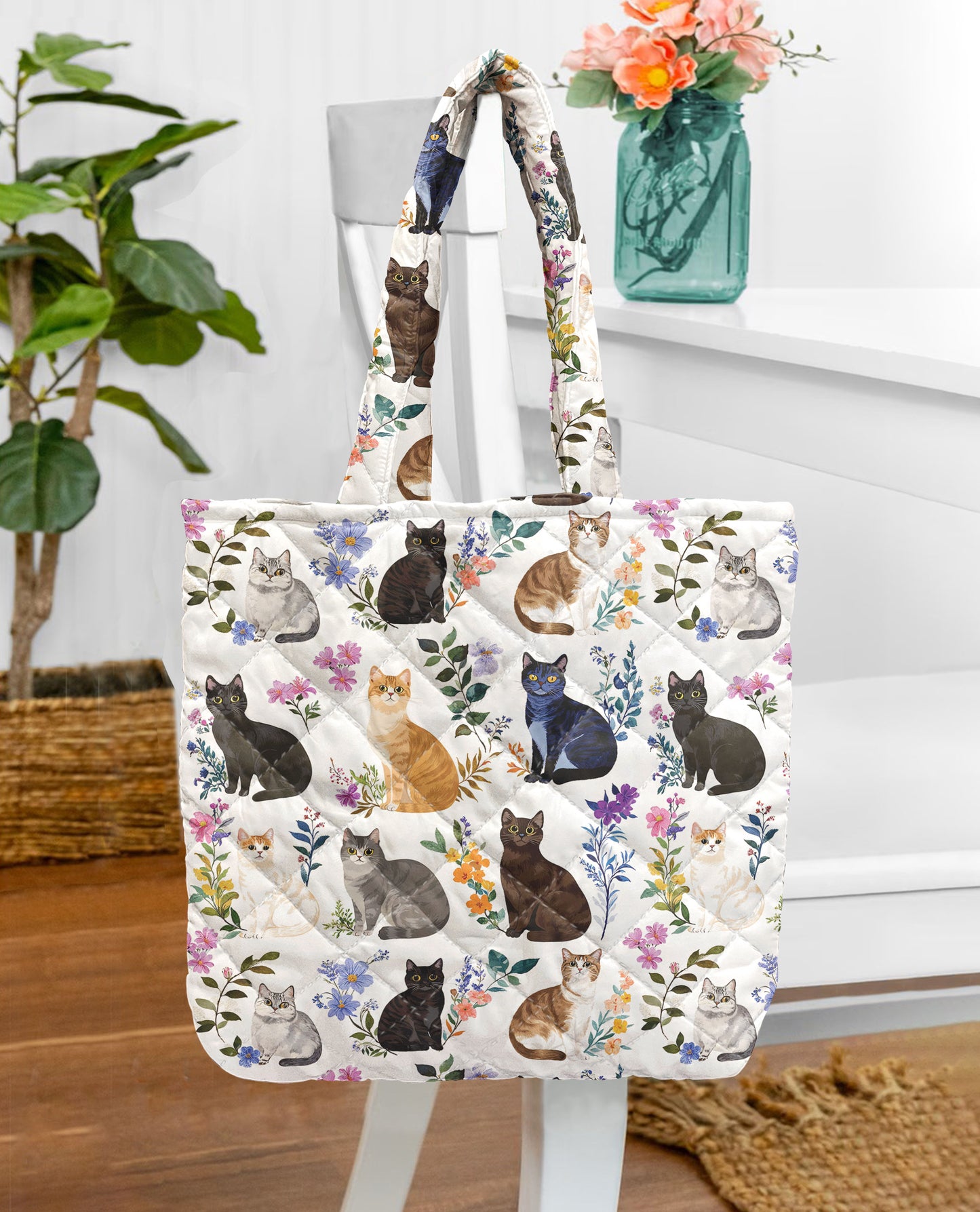 Cat Lover Quilted Tote Bag Charming Floral Cats