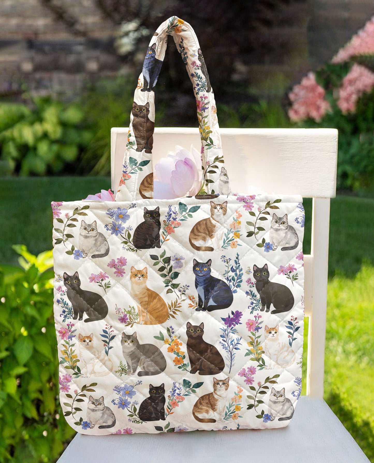 Cat Lover Quilted Tote Bag Charming Floral Cats
