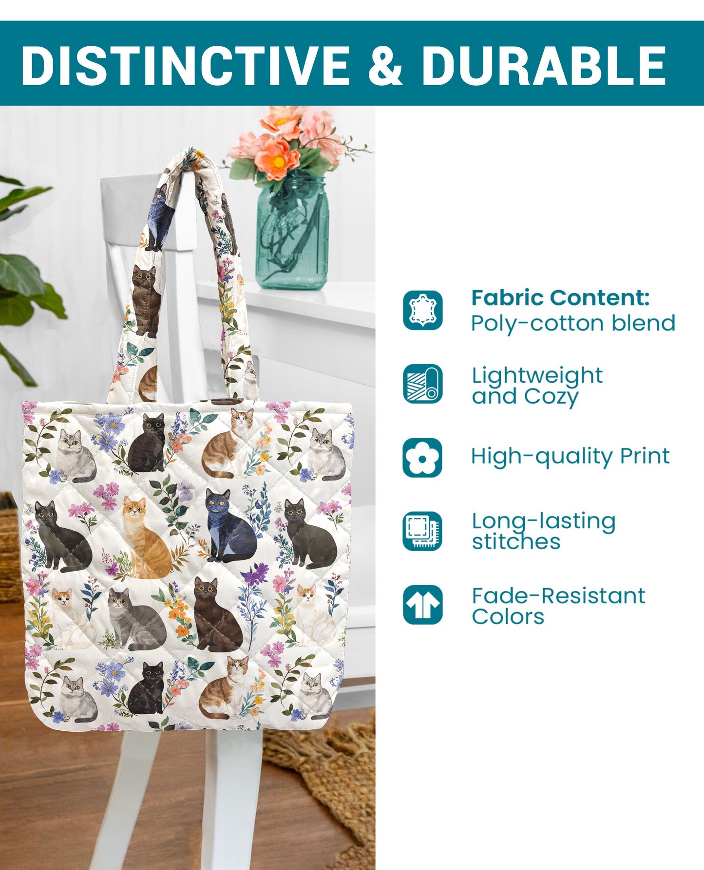 Cat Lover Quilted Tote Bag Charming Floral Cats