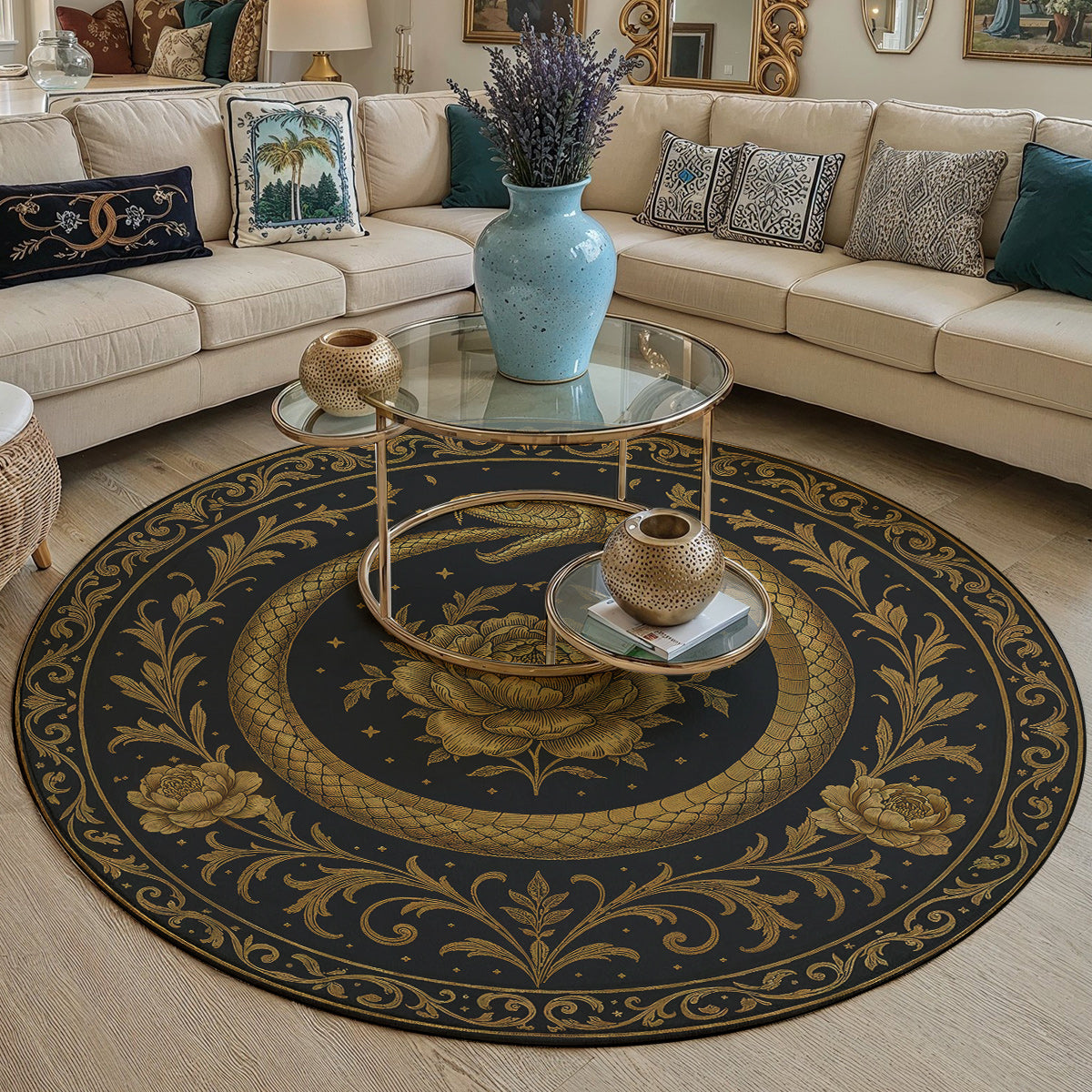 Gothic Round Rug Ouroboros Snake Bloom Within the Circle