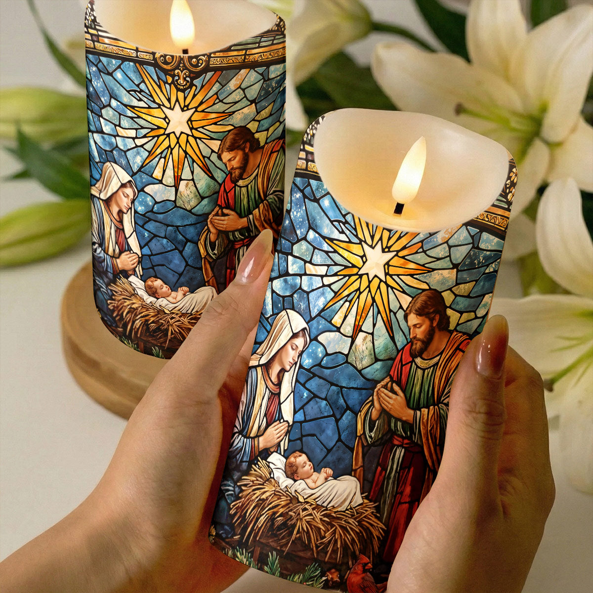 God LED Candle The Holy Night in Stained Glass