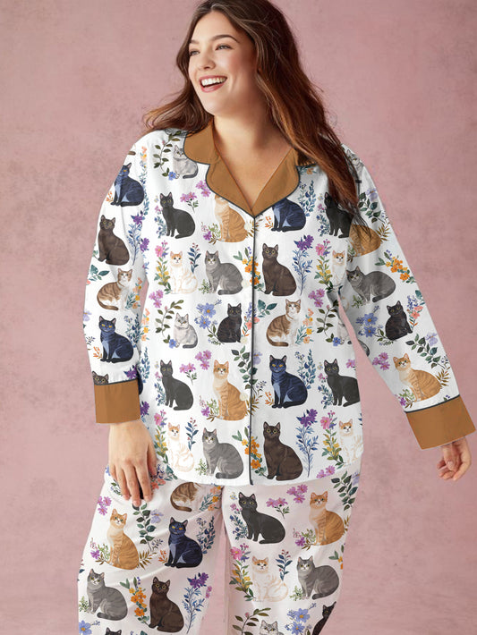 Cat Classic Pajama Set Charming Floral Cats