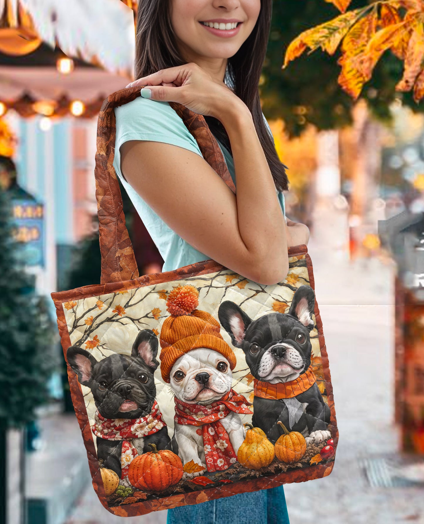 French Bulldog Quilted Tote Bag Frenchie Fall Vibes