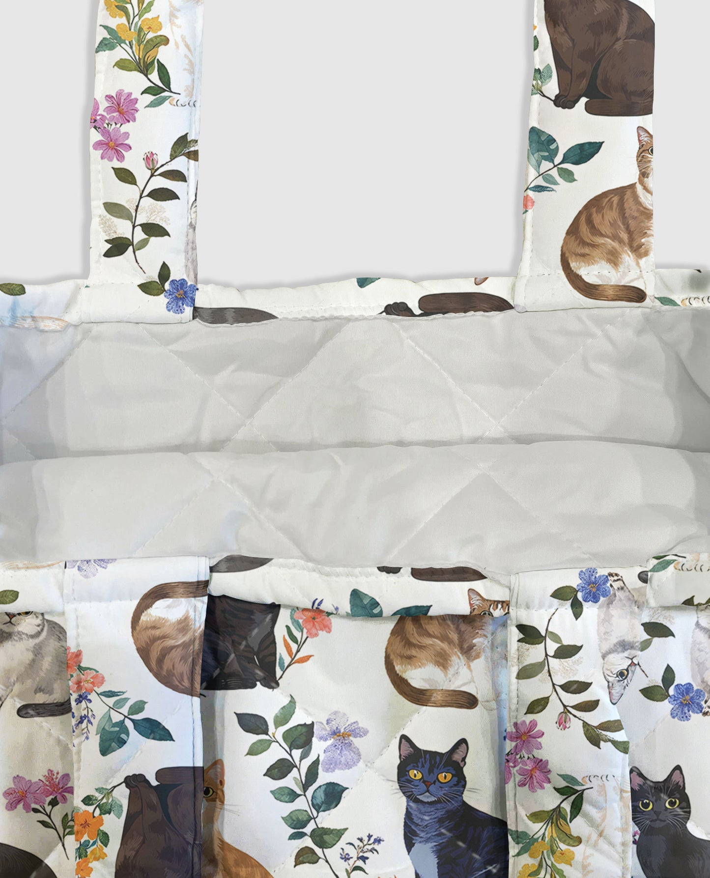 Cat Lover Quilted Tote Bag Charming Floral Cats