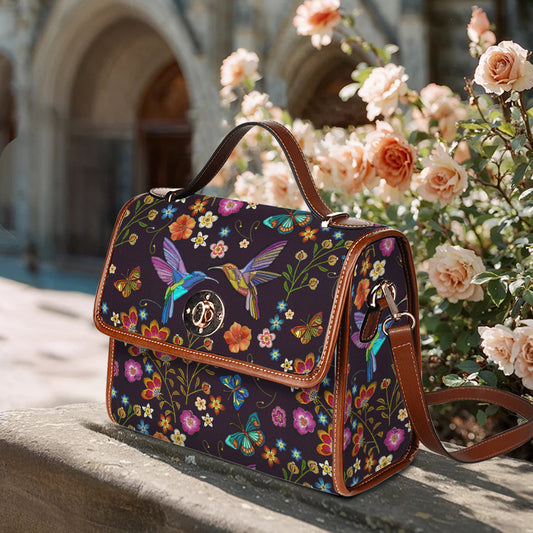 Hummingbird Satchel Handbag Fluttering Duet Faux-Embroidered