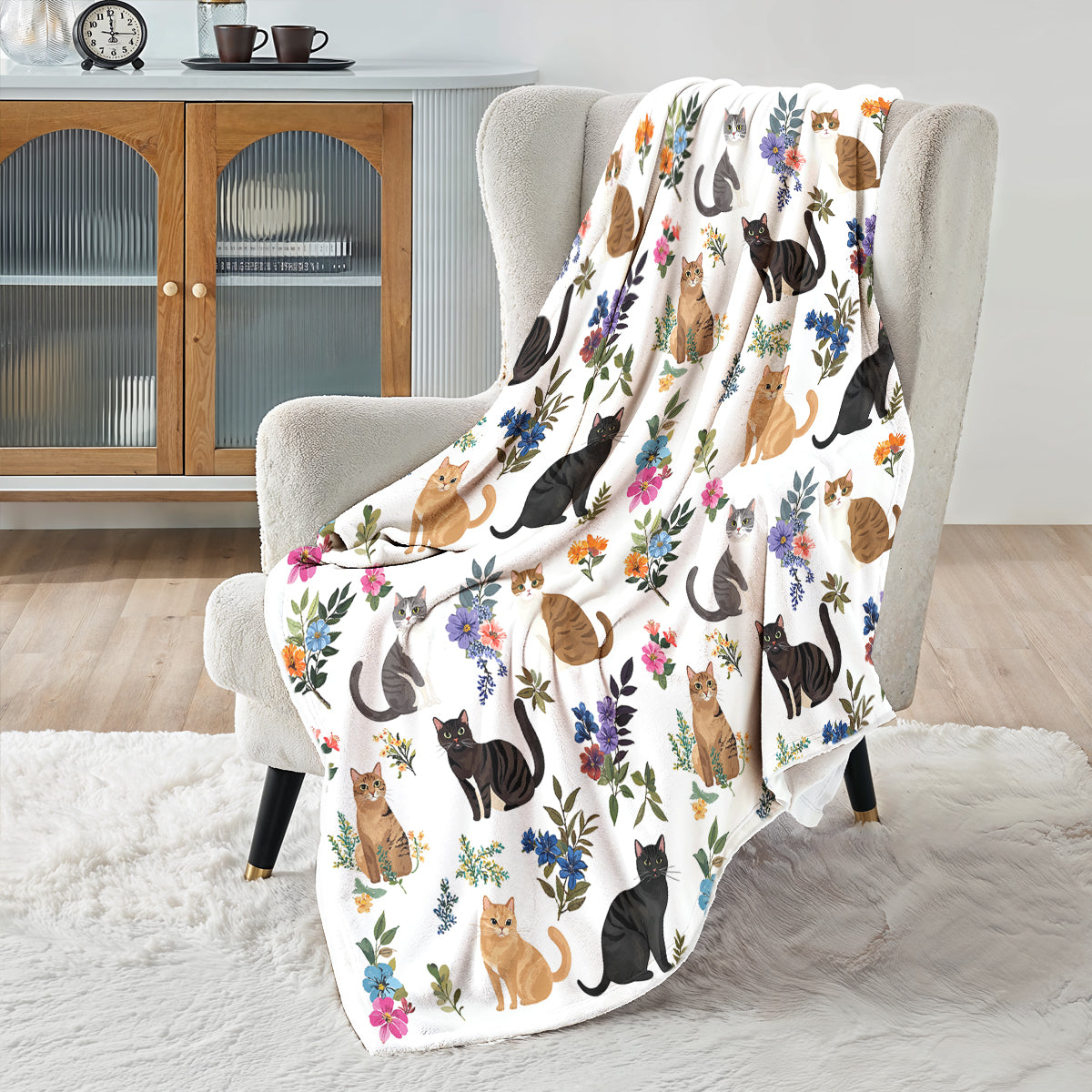 Cat Fleece Blanket Cute Floral Cats