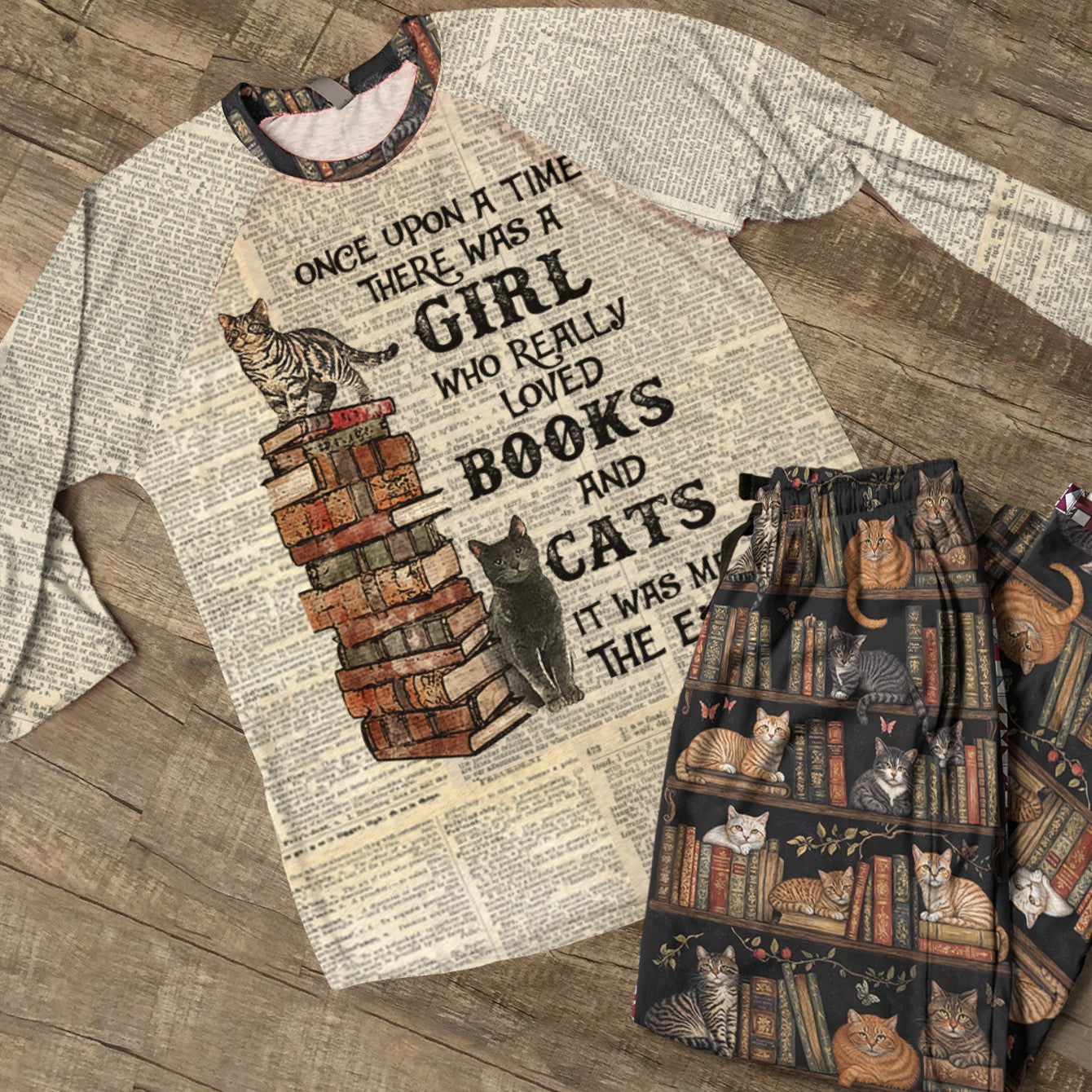 Book & Cat Raglan Lounge Pajamas A Girl Who Really Loves Books & Cats