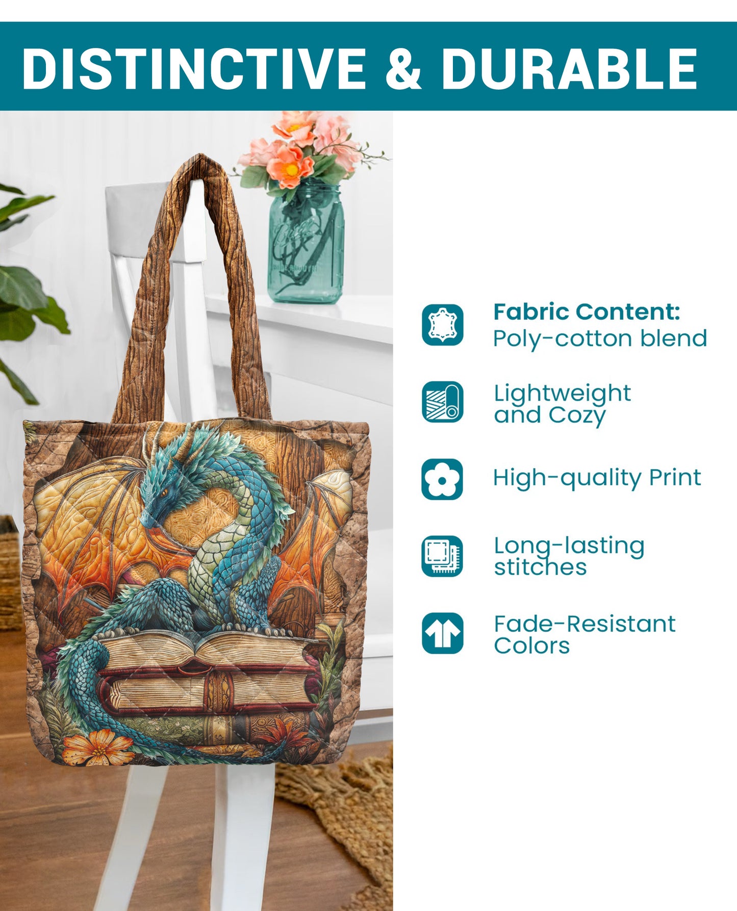 Book Lover Quilted Tote Bag Dragon’s Book Cave