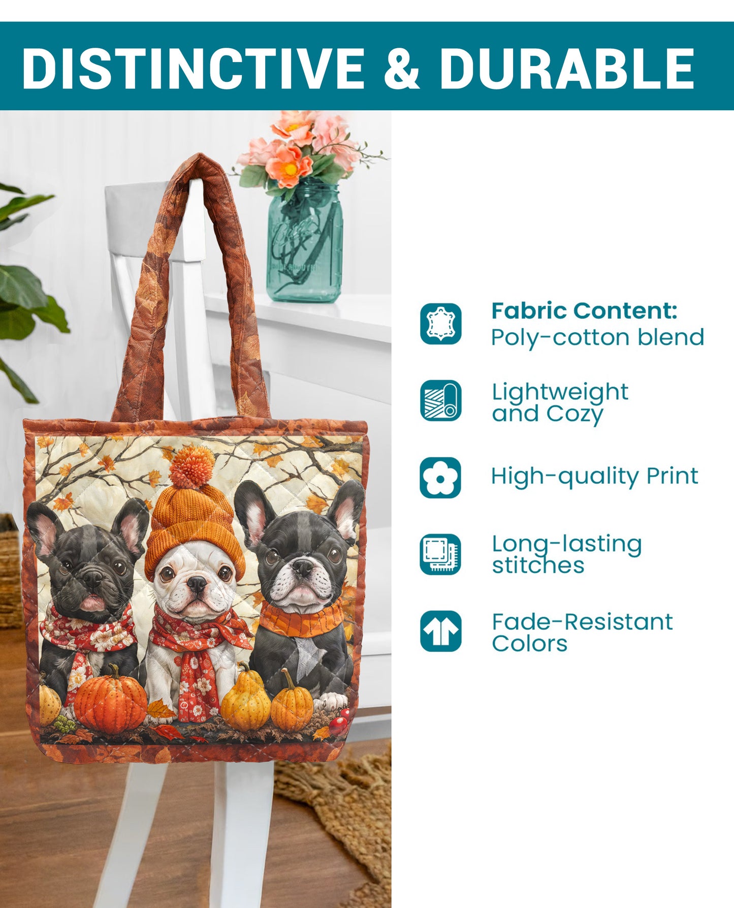 French Bulldog Quilted Tote Bag Frenchie Fall Vibes