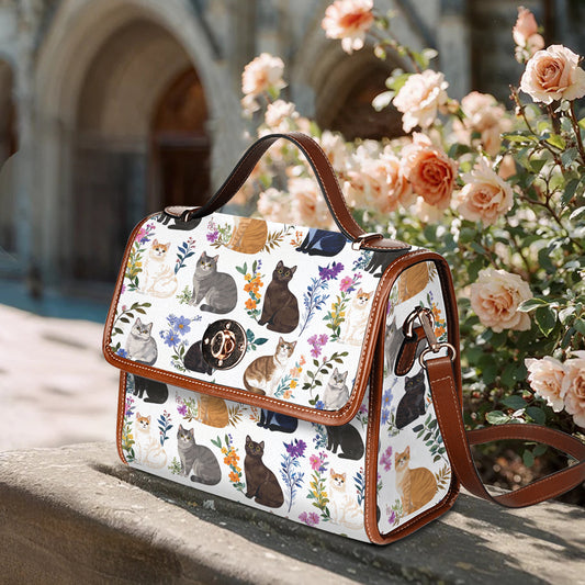 Cat Lover Satchel Handbag Charming Floral Cats